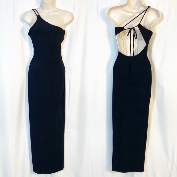 Naked Wardrobe Asymmetrical Ribbed Bodycon Midi Maxi Dress: Black Open Back - Picture 1 of 5
